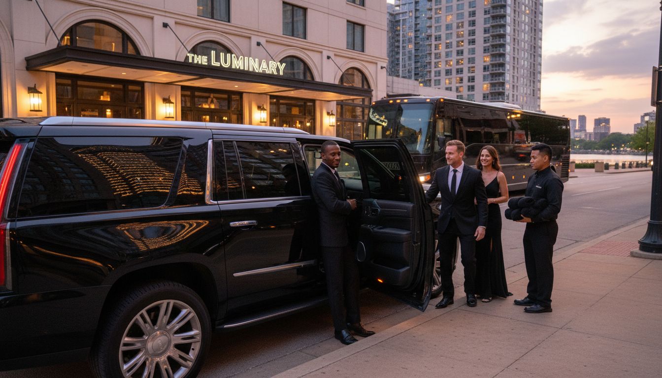 Luxury SUV at Austin hotel with city skyline