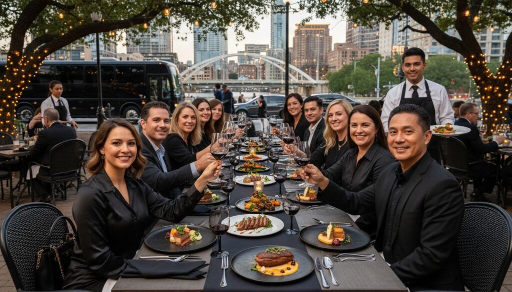 Gourmet group dining outdoors with Austin skyline