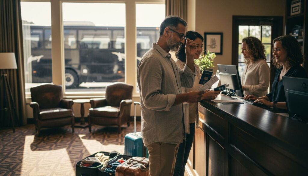 Travelers checking in at hotel using advance reservations