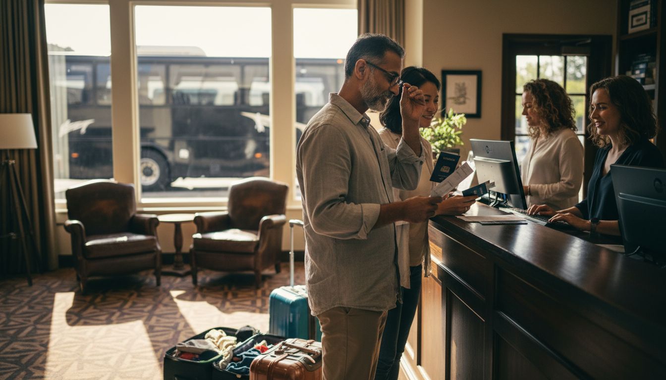 Travelers checking in at hotel using advance reservations