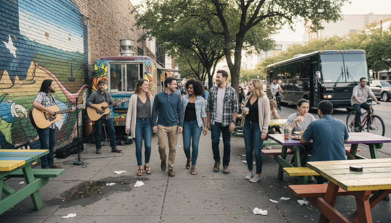 Friends explore Austin street with food trucks and murals