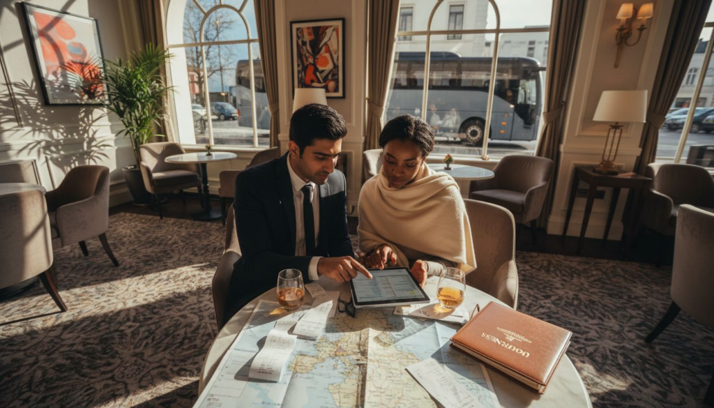 Couple planning luxury trip at hotel lounge