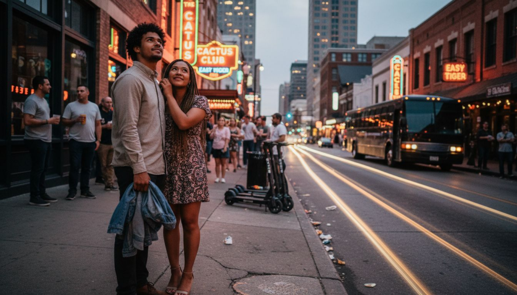 Couple exploring Austin nightlife on city street