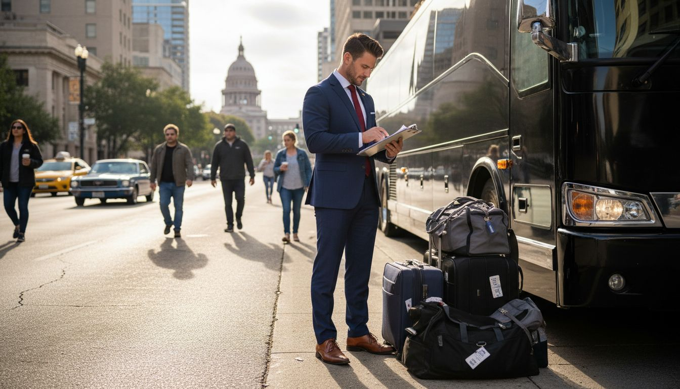 Tour director with luxury motorcoach in Austin